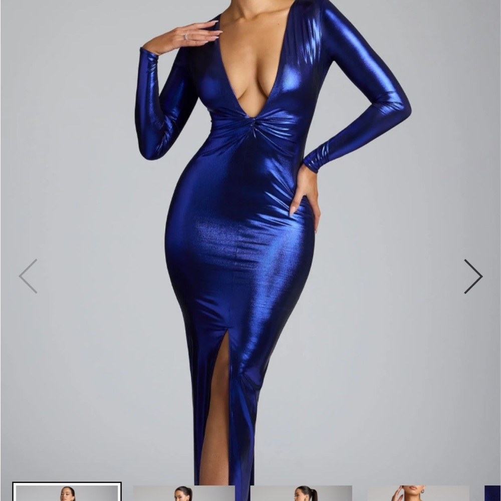 Oh Polly Metallic Elegant Blue Long Sleeve Dress